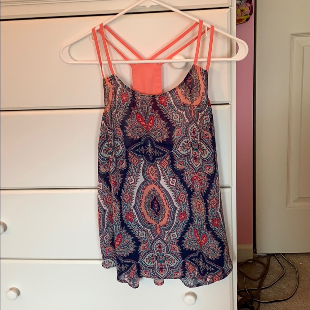 Blue and Coral Patterned Tank Top